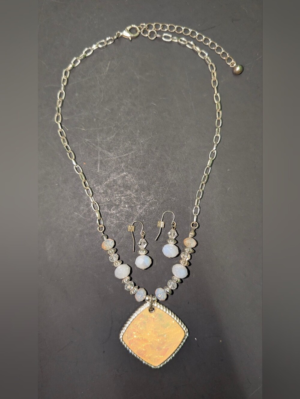 Croft & Barrow Iridescent Faux Opal Diamond Pendant Necklace Earring Set Silvert
